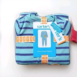 Carter’s 12 M Fleece Pajamas One Peice Footies Zip Up Blue White  NWT